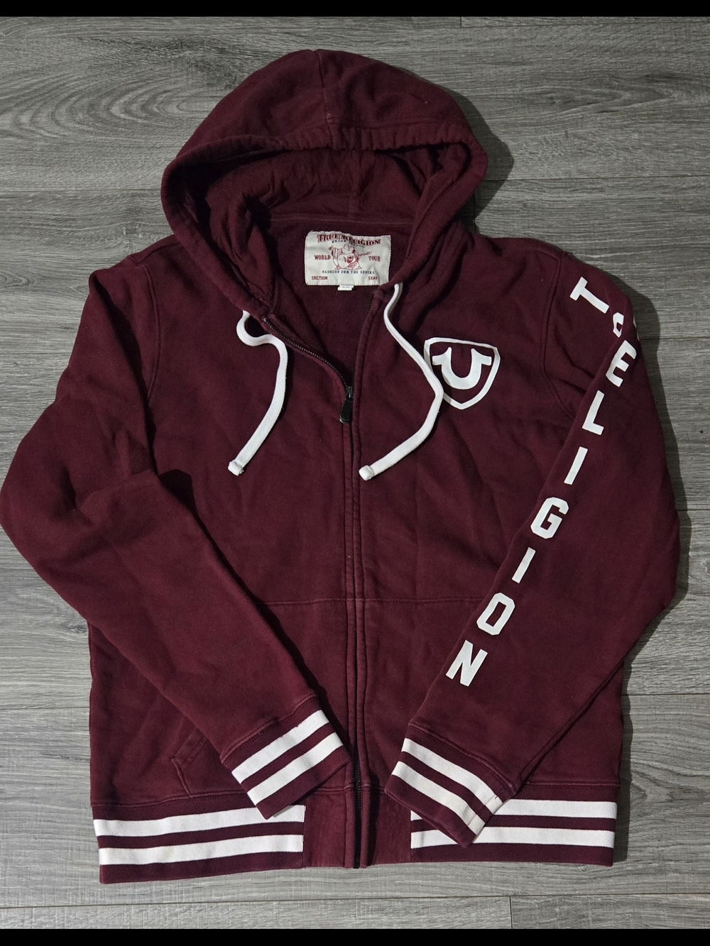 True Religion Maroon Zip Hoodie with White Drawstrings